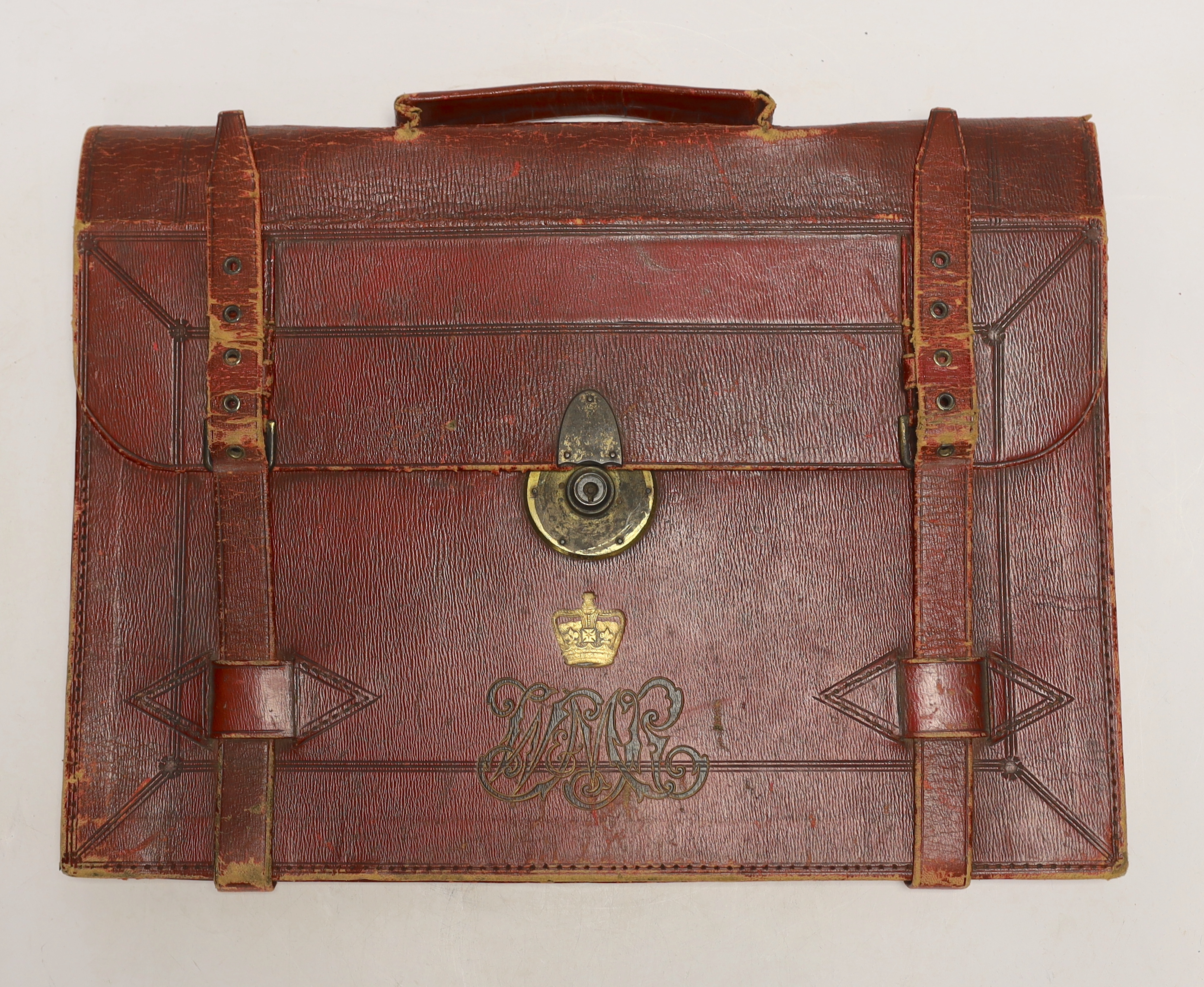 A vintage Moroccan red leather briefcase used by Willie Kendall in ‘Diplomacy’, Wickwar Manufacturer, Poland street, London, with handwritten letters